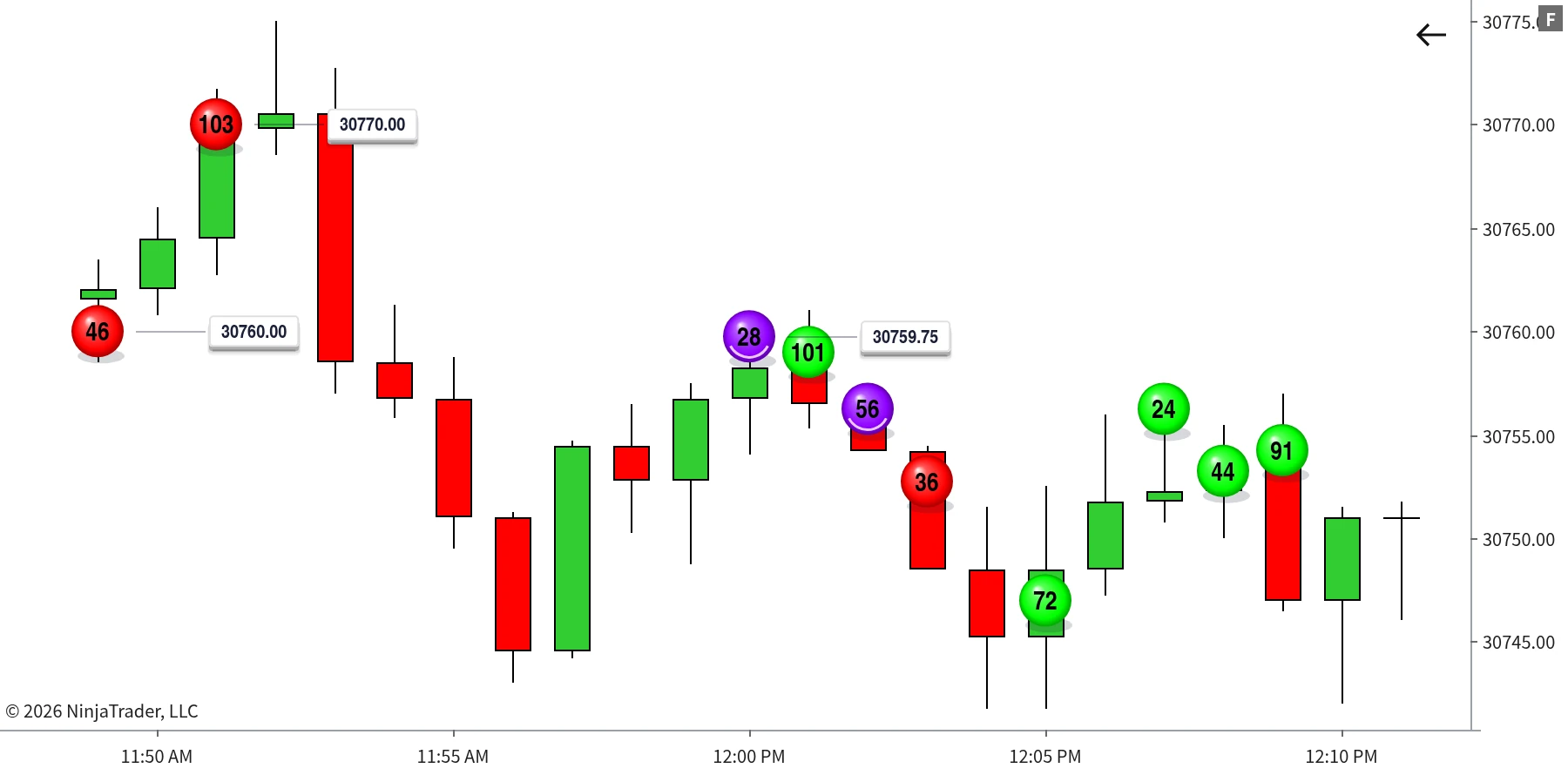 Big Print markers placed at the exact price each qualifying trade happened