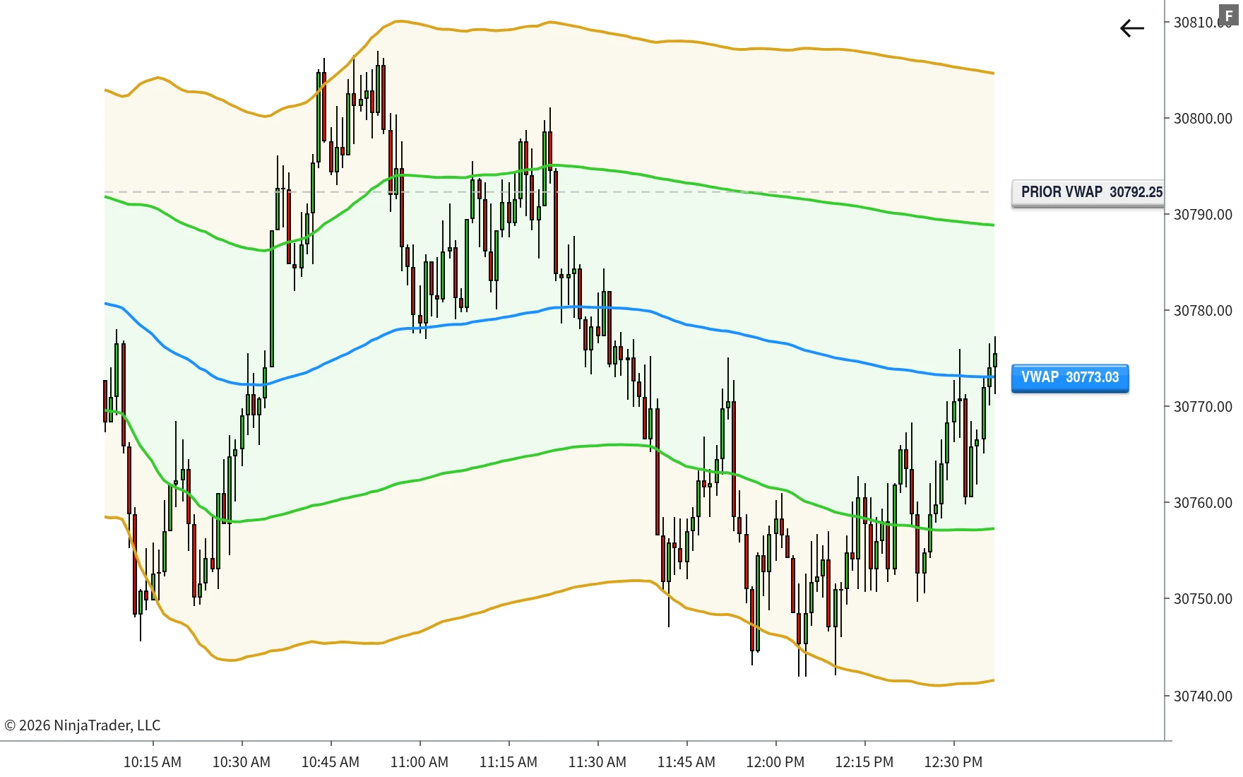 TrackTicks VWAP+ session VWAP with deviation bands on a NinjaTrader 8 chart